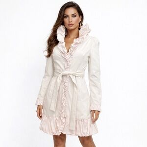 bebe Ivory Ruffle Trench Coat Size Small Belted Statement